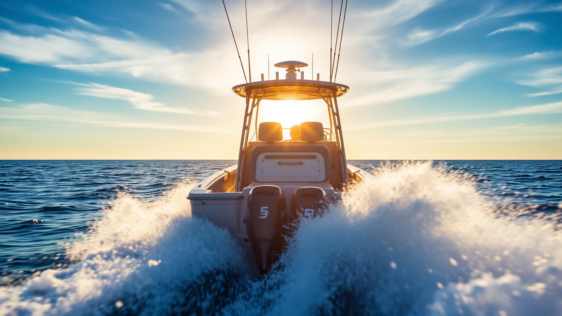 Center console sportfishing boat with twin outboard motors running offshore at sunset