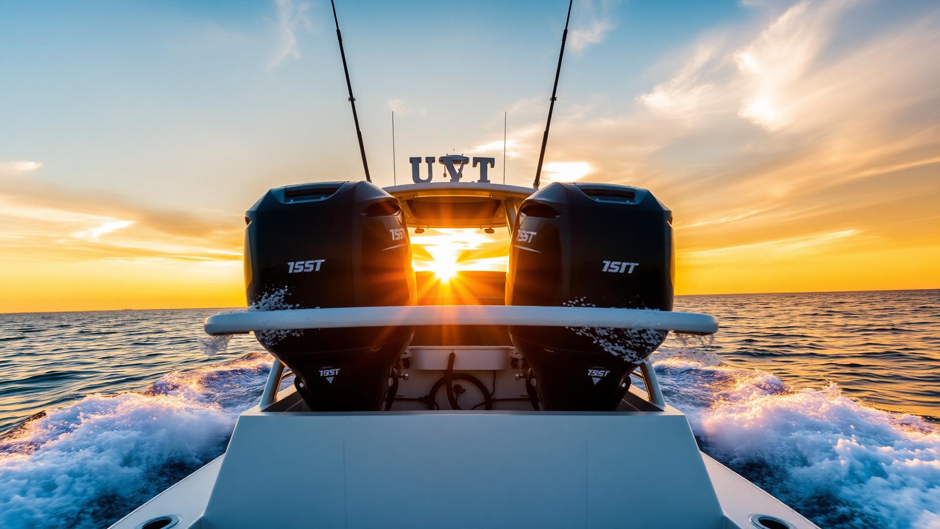 Sportfishing boat with twin outboard motors running offshore at sunset